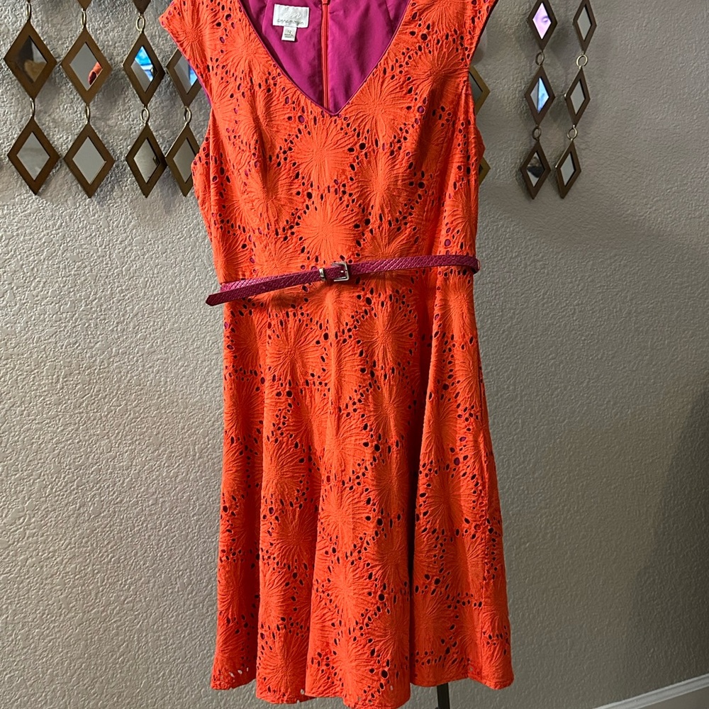 Donna Morgan Pink and Orange Eyelet Dress V-neck Sleeveless